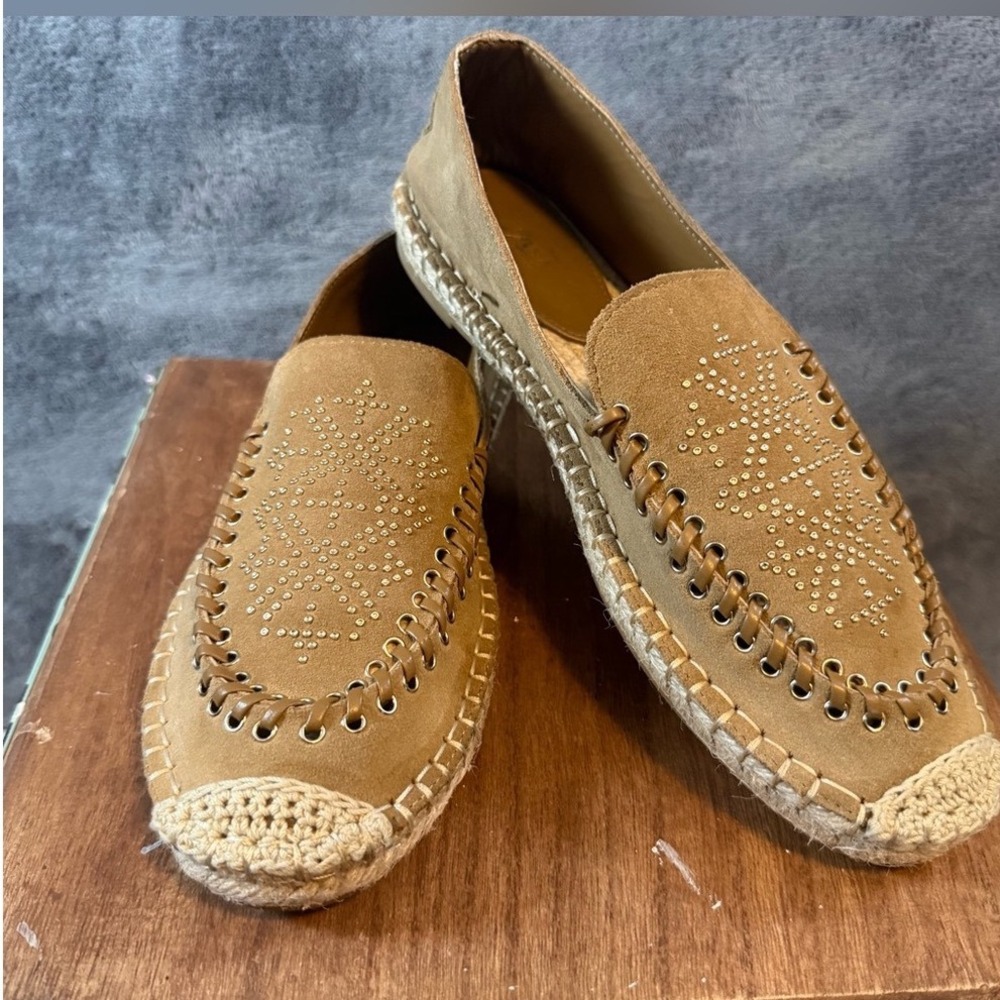 Zara Tan Suede Studded Espadrille Loafers Whipstitch Jute Flats Tan Boho
